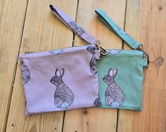 Bunny Rabbit Wristlet Zipper Bag, Bunny Rabbit Print Bag, Handmade Zipper Pouch