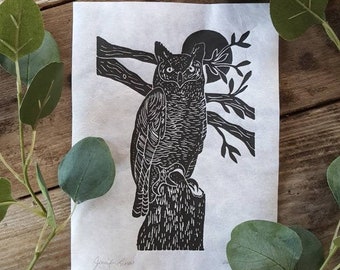Owl Linoleum Block Print