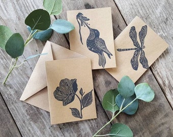 Hand Printed Hummingbird, Dragonfly, and Rose Linoleum Block Print Assorted Nature Notecards