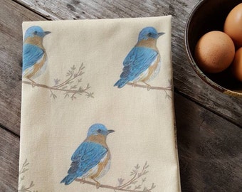 Bluebird Tea Towel, Bird Print Towel, Handmade Kitchen Towel