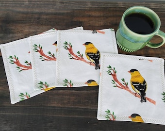 Goldfinch Cloth Napkins, Handmade Bird Napkins, Yellow Bird Coasters