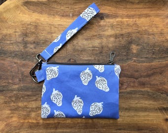 Strawberry Print Zipper Bag, Handmade Wristlet Bag, Handmade Coin Pouch