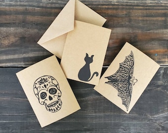 Hand Printed Skull, Black, Cat, and Bat Linoleum Block Assorted Spooky Notecards