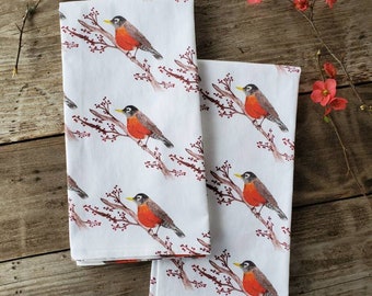 Robin Tea Towel, Bird Print Dish Towel, Bird Kitchen Towel