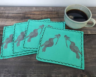 Hummingbird Cocktail Napkins, Bird Print Linens, Green Party Napkins