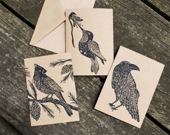 Hand Printed Hummingbird, Cardinal, and Raven Linoleum Block Print Assorted Bird Notecards