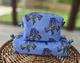 Iris Print Box Pouch, Iris Print Zipper Bag, Iris Print Cosmetic Bag