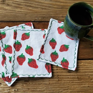 Strawberry Cocktail Napkins, Handmade Cotton Napkins, Strawberry Party Napkins
