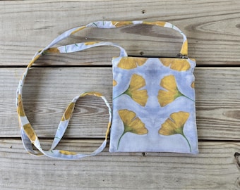 Bolso bandolera con hojas de ginkgo, bolso bandolera hecho a mano, bolso con estampado de hojas de ginkgo