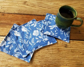 Nature Cocktail Napkins, Bird Cotton Napkins, Blue Party Napkins