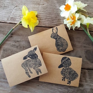 Hand Printed Bunny Rabbit, Duck, and Lamb Linoleum Block Print Assorted Baby Animal Notecards