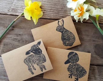 Hand Printed Bunny Rabbit, Duck, and Lamb Linoleum Block Print Assorted Baby Animal Notecards