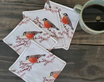 Robin Cocktail Napkins, Handmade Bird Napkins, Robin Bird Coasters