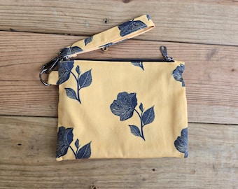 Rose Print Wristlet Zipper Bag, Rose Poppy Print Bag, Handmade Zipper Pouch