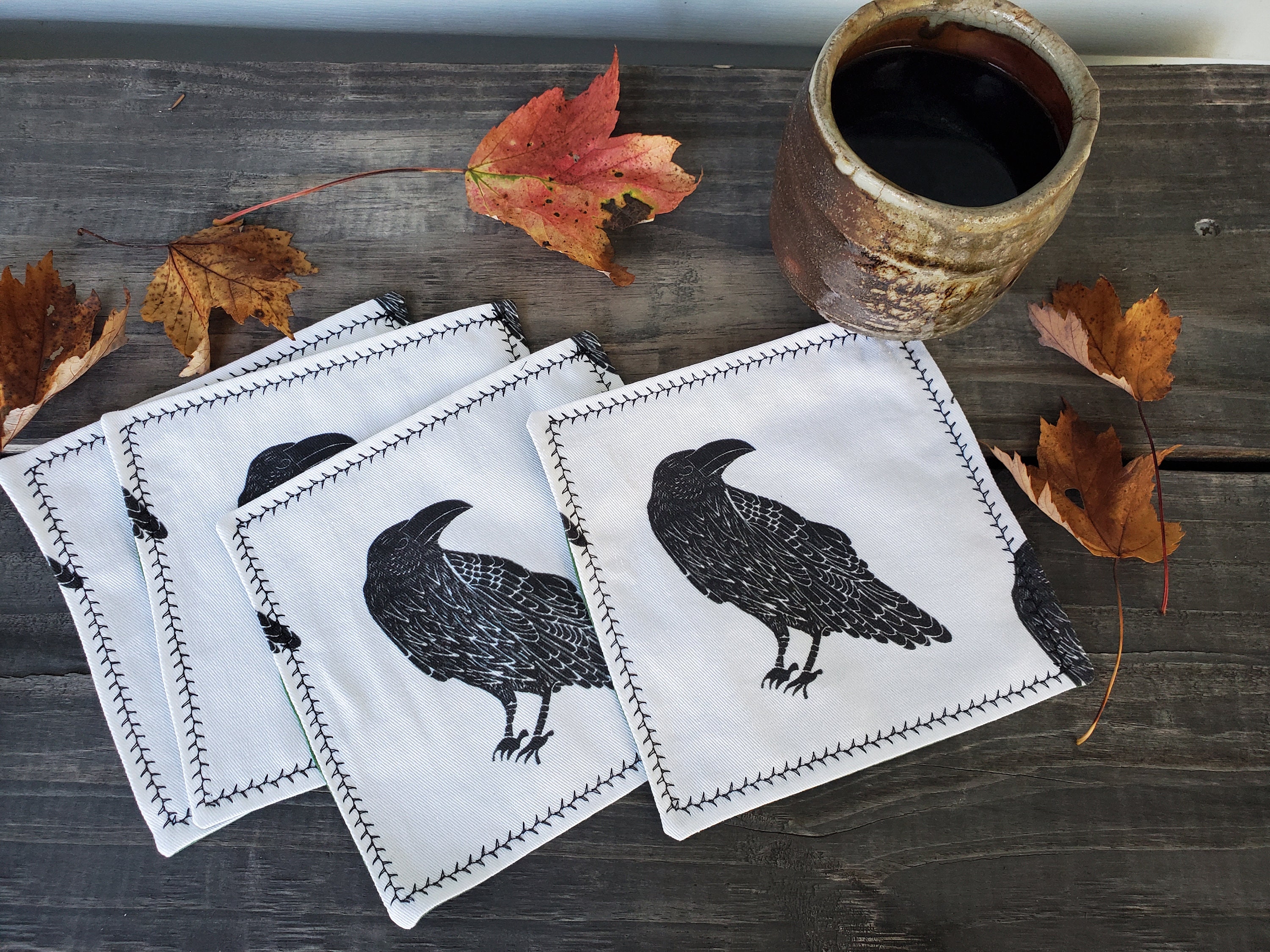 Raven Cocktail Napkins, Blackbird Cloth Napkins, Crow Coasters