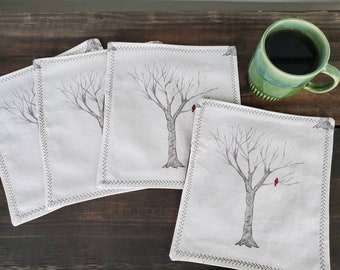 Red Bird Napkins, Cardinal Cocktail Napkins, Red Bird Linens