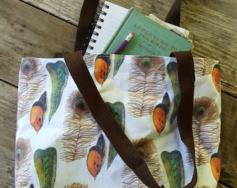 Peacock Feather Market Tote, Bird Feather Bag, Boho Tote Bag