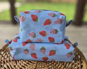 Strawberry Print Box Pouch, Strawberry Cosmetic Bag, Strawberry Zipper Bag