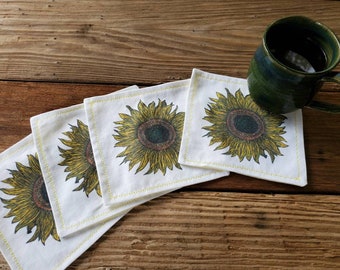 Sunflower Cocktail Napkins, Sunflower Linens, Sunflower coasters
