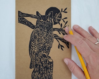 Owl Print Journal, Linocut Owl Sketchbook, Owl Notebook