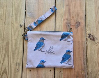 Bluebird Print Wristlet Zipper Bag, Handmade Zipper Pouch, Bird Print Zipper Bag