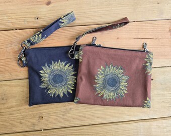 Sunflower Print Wristlet Zipper Bag, Handmade Zipper Pouch, Floral Print Wristlet