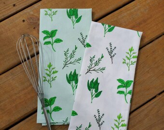 Herb Tea Towel, Basil Print Dish Towel, Veggie Print Kitchen Towel