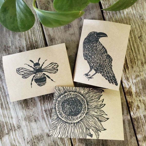 Hand Printed Raven, Honey Bee, and Sunflower Linoleum Block Print Assorted Pollinator Notecards