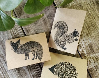 Hand Printed Fox, Squirrel, Hedgehog Linoleum Block Print Assorted Critter Notecards