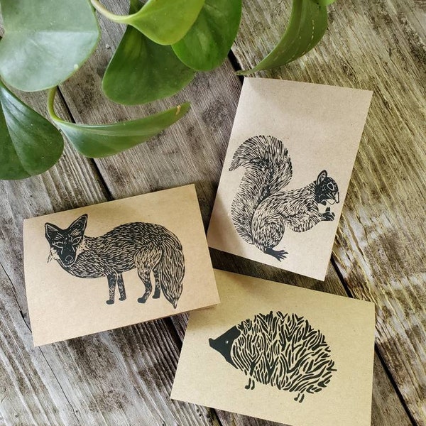 Hand Printed Fox, Squirrel, Hedgehog Linoleum Block Print Assorted Critter Notecards