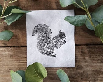 Squirrel Hand Pulled Linoleum Block Print