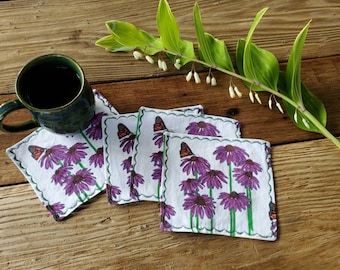 Coneflower Cocktail Napkins, Purple Flower Napkins, Handmade Floral Coasters