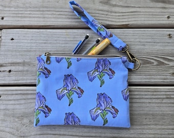 Iris Print Zipper Pouch, Iris Wristlet Pouch, Blue Iris Bag