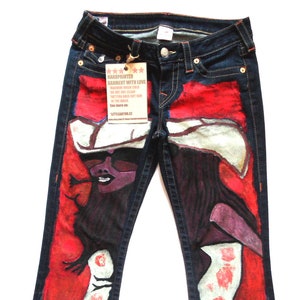 Vintage Mom Jeans-Low Rise JEANS-HAND PAINTED BOOTCUT Jeans for Women-Vintage Inspired Low Waished Jeans-Women&#39;s Handmade Dark Blue Jeans-