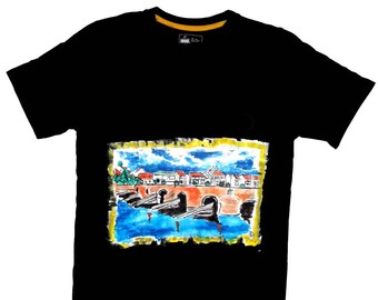 Men's handpainted Pisek Gothic bridge /Painted XIIIe century town/Old-looking t-shirt/Pisek bridge t-shirt/Middle Ages Stones bridge t-shirt