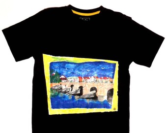 Men's handpainted Pisek Gothic bridge /Painted XIIIe century bridge tee-shirt/Pisek bridge t-shirt/Middle Ages Stones bridge t-shirt