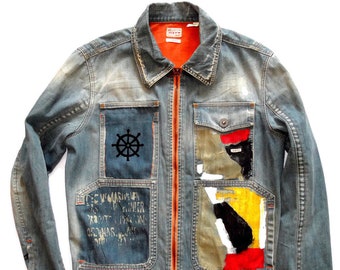 SIXTY MEN'S DENIM jacket/Unisex upcycled denim jacket/hand painted upcycled jeans jacket/Men sea jacket/Men denim clothes/faded denim jacket