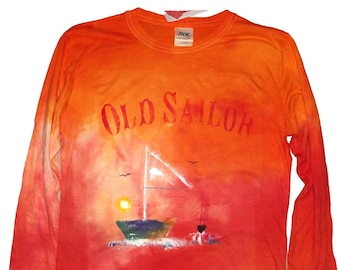Women's Tie dye t-shirt-Orange long sleeve t-shirt-Floral t-shirt-Vintage inspired t-shirt-Women's Boating t-shirt-Sailing t-shirt-Handmade-