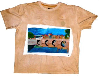 Men's handpainted Pisek Gothic bridge /Painted XIIIe century town/Old-looking t-shirt/Pisek bridge t-shirt/Middle Ages Stones bridge t-shirt