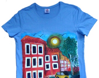 MEDITERRANEAN TOWN-Landscape Inspired T-Shirt-Handmade Tee-Shirt-Hand painted T-Shirt-Women's Handmade Clothing-Floral inspired T-Shirt-Gift