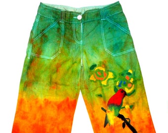 Painted 3/4 length pants-Women's parrot paints-Women's floral pants-Vintage inspired pants-Women's Retro pants-Women's tropical paints-Birds