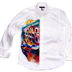 Mediterranean Gondola-Hand painted men&#39;s shirt-Men&#39;s long sleeve white shirt-Men&#39;s Handmade shirt-Colorful men&#39;s shirt-Men&#39;s cotton shirt-XL
