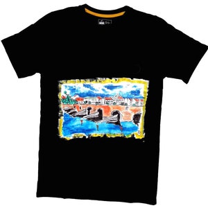 Middle Ages bridge inspired T-Shirt-City Landscape T-Shirt-Handmade Colorful T-shirt-Vintage Inspired T-Shirt-Painted T-Shirt-Czech Souvenir