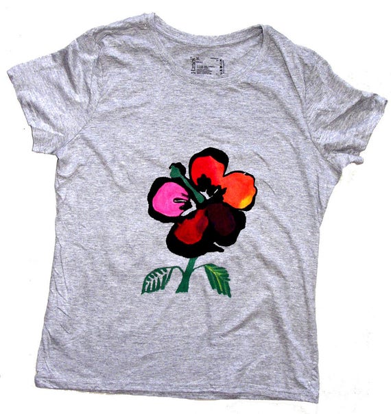 Gray Melange Floral Tee-Shirt-Women's Handmade hibiscus Tee-Shirt-Painted Flowers T-Shirt-Hand Painted Women's Gift-Hand Painted clothes-Top