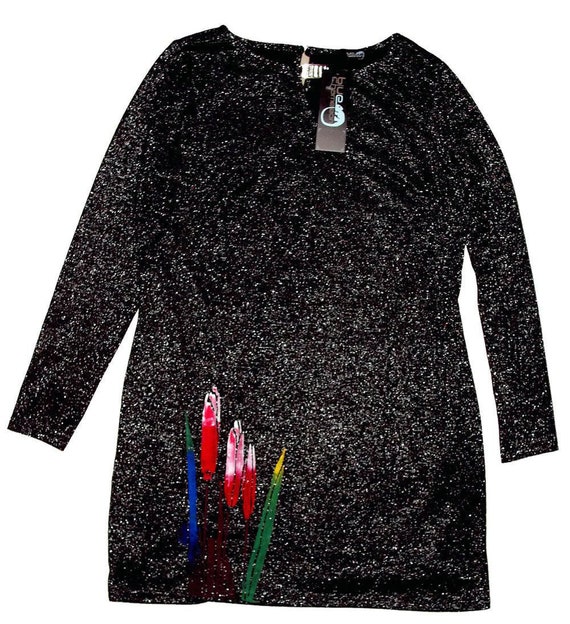 Women's floral dress-Hand painted black dress-Handmade long sleeve dress-Black mini dress-Women shining dress-Women Casual long sleeve dress