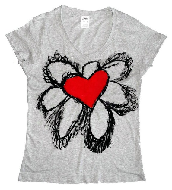 Gray Melange Floral Tee-Shirt-Women's Handmade hibiscus Tee-Shirt-Painted Flowers T-Shirt-Hand Painted Women's Gift-Hand Painted clothes-Top