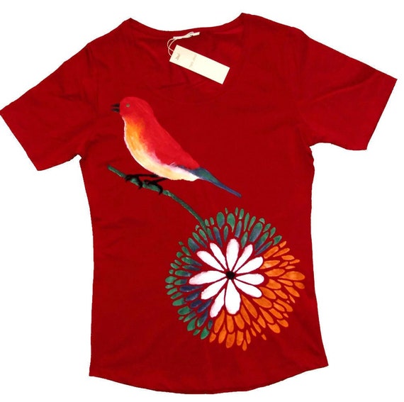 Red Floral Tee-Shirt-Women's Handmade Floral T-Shirt-Painted Flowers T-Shirt-Hand painted Women's Gift-Floral Inspired T-Shirt-Bird T-Shirt-