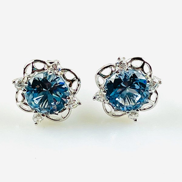 Blue Zircon Sterling Silver Floral Stud Earrings