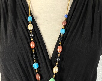 Collier Sautoir Vintage Long En Perles De Verre Turquoise Et Noir - 90 Cm+