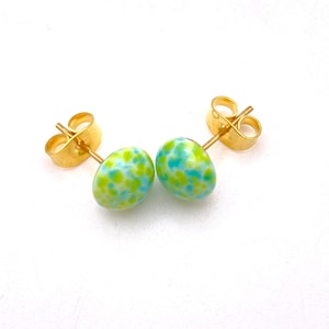 Green and yellow speckled glass paste stud earrings, from the upcycled jewelry collection